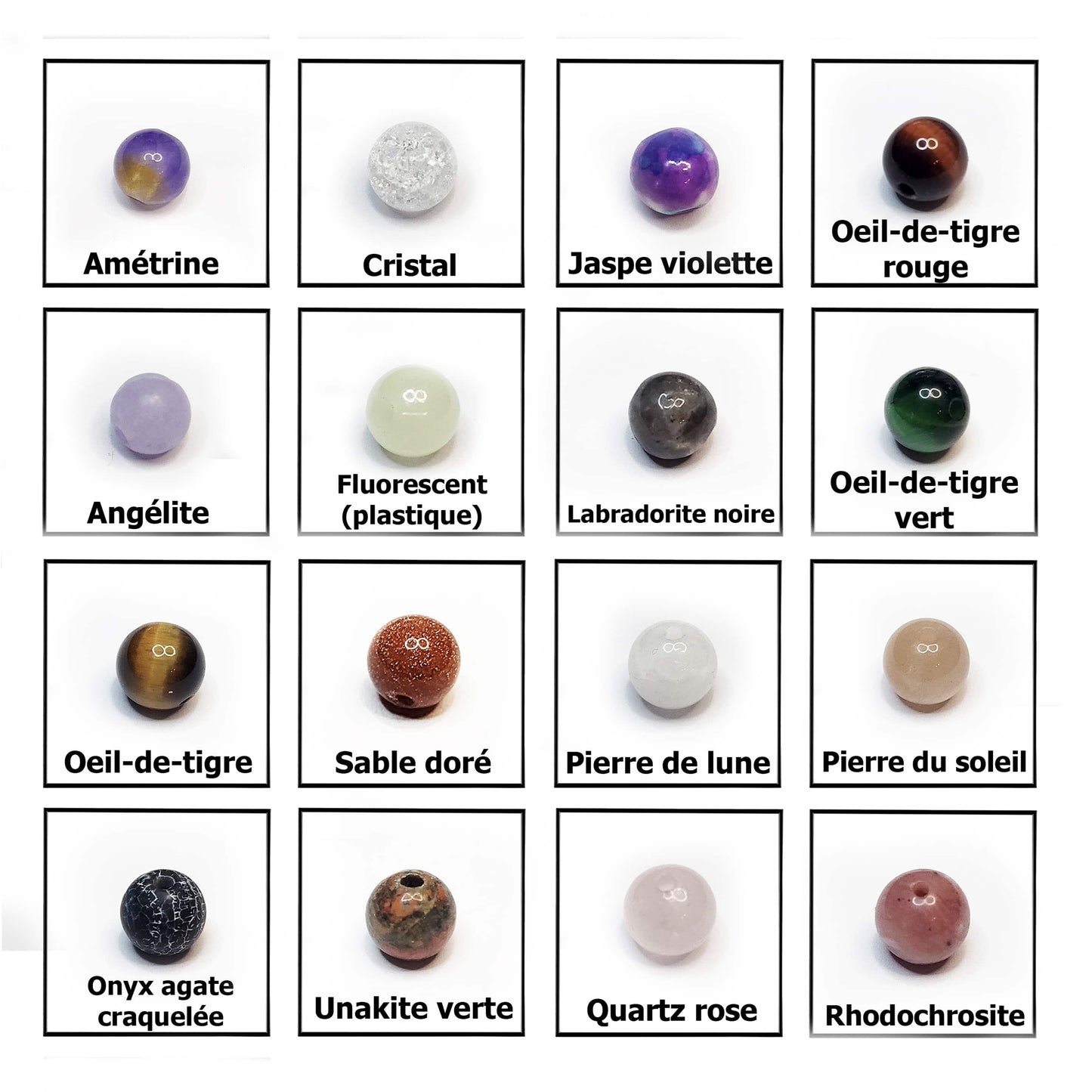 pierres fines naturelles au choix : Amétrine, cristal, jaspe violette, oeil de tigre rouge, angélite, labradote noire, oeil de tigre vert, oeil de tigre marron, sable doré, pierre de lune, pierre du soleil, onyx agate craquelée, unakite verte, quartz rose, rhodochrosite et même perle en plastique fluorescente.