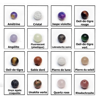 pierres fines naturelles au choix : Amétrine, cristal, jaspe violette, oeil de tigre rouge, angélite, labradote noire,  oeil de tigre vert, oeil de tigre marron, sable doré, pierre de lune, pierre du soleil, onyx agate craquelée, unakite verte, quartz rose, rhodochrosite et même perle en plastique fluorescente.