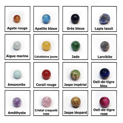Pierres fines naturelles au choix : agate rouge, apatite bleue, grès bleue, lapis lazuli, aigue marine, calcédoine jaune, jade, larvikite, amazonite, corail rouge, jape impérial, oeil de tigre bleu, améthyste, cristal craquelé rose, jaspe léopard et oeil de tigre rose