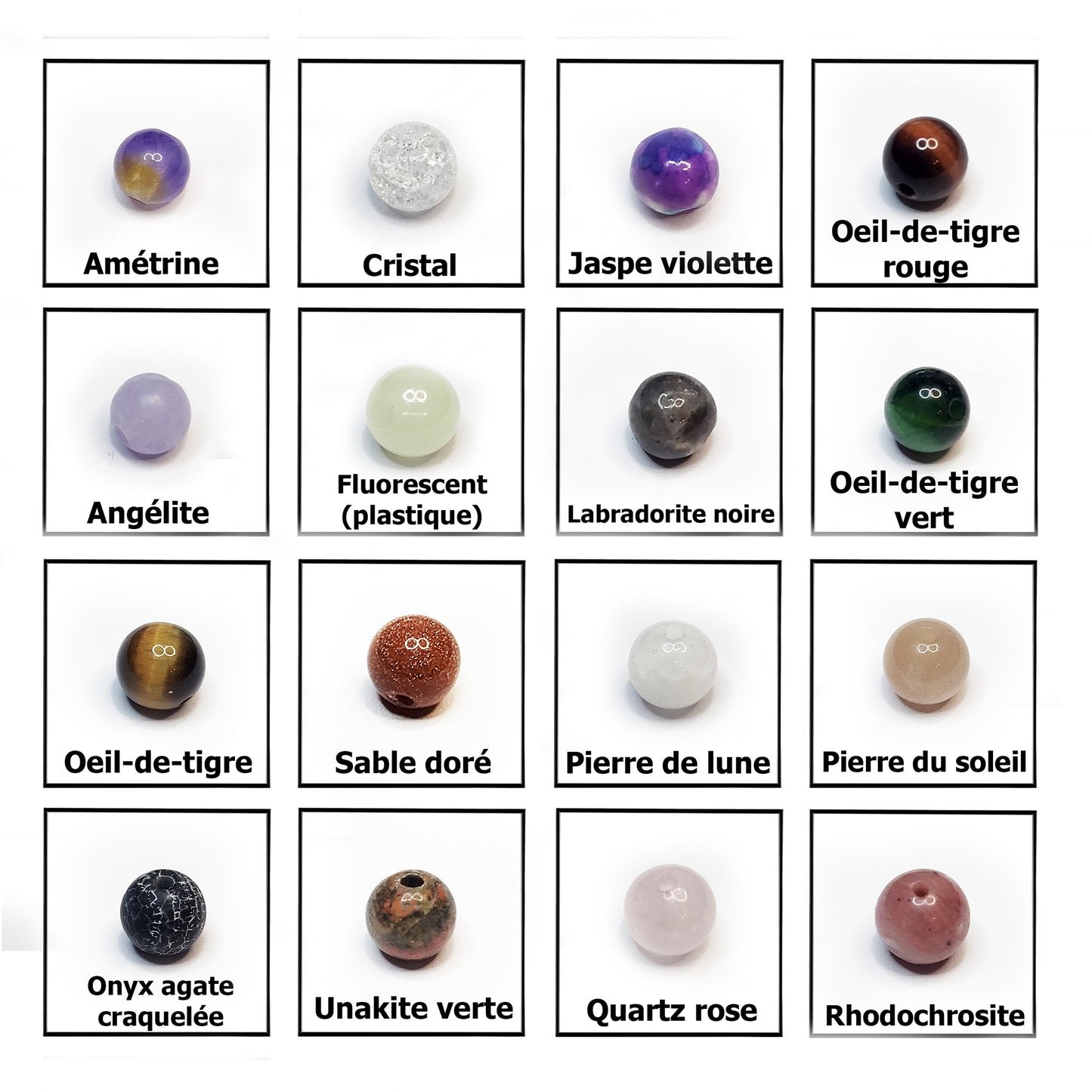 pierres fines naturelles au choix : Amétrine, cristal, jaspe violette, oeil de tigre rouge, angélite, labradote noire, oeil de tigre vert, oeil de tigre marron, sable doré, pierre de lune, pierre du soleil, onyx agate craquelée, unakite verte, quartz rose, rhodochrosite et même perle en plastique fluorescente.